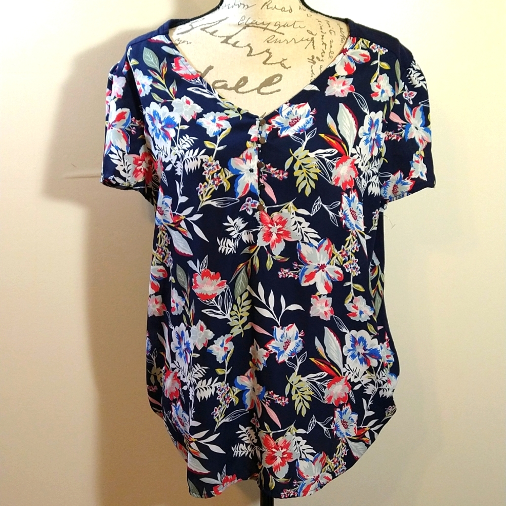 Massani  Womens Casual Top Blue Floral V-Neckline